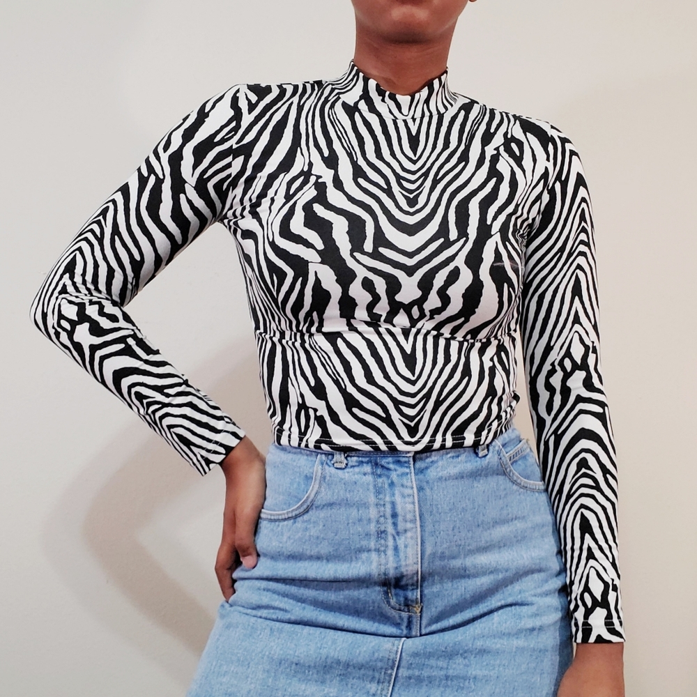 Zebra print mock neck long sleeve tee shirt